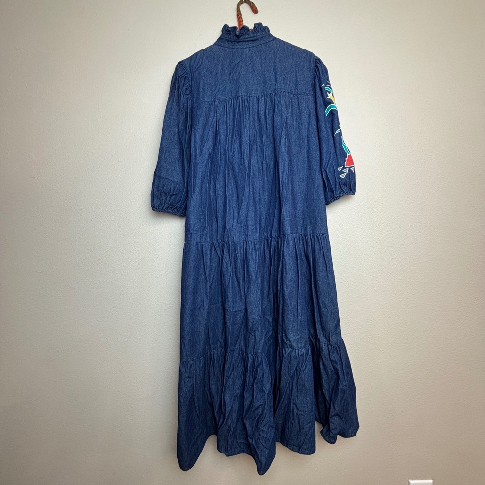 Vintage 90s Denim Maxi Dress Embroidered Kachina Blue Large Prairie Cottage Boho - Picture 6 of 16